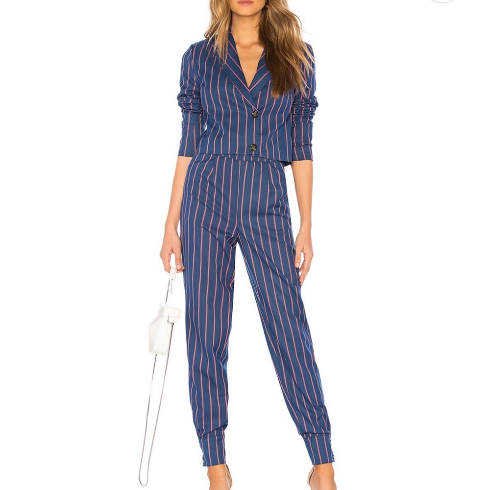 Pin stripe double breasted cropped blazer & pants. Sz Xl top and L pants.